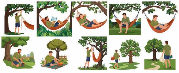 Naklejka premium Collection of flat illustrations showing a man enjoying various outdoor activities, gardening, and relaxing in a hammock in a garden or backyard.