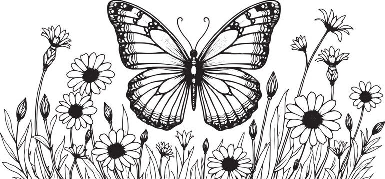 Beautiful butterfly flying over simple wild daisy flowers sketch Vector