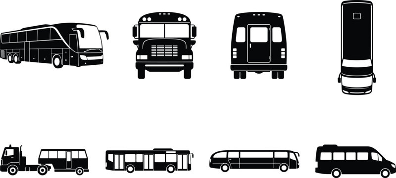 Bus Silhouette Collection with Coach School Shuttle Transit and Minibus Vector Set