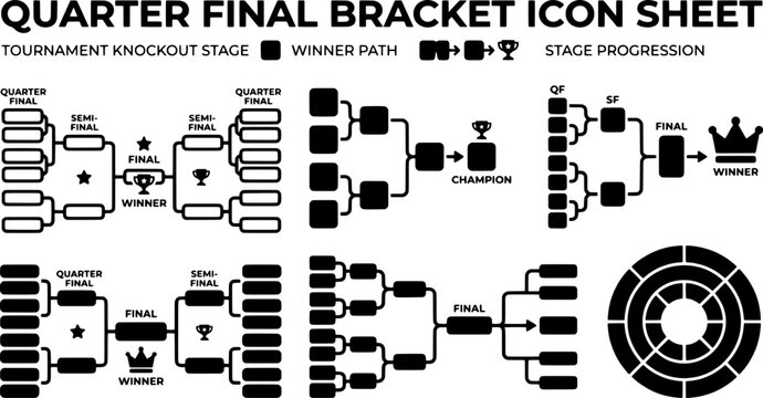 Quarter final bracket icon sheet for tournament knockout stage