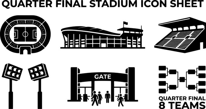 Black and white stadium icons for quarter final tournament