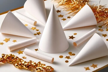 Fototapeta premium New Year party supplies flat lay with white paper hats, gold confetti and festive streamers
