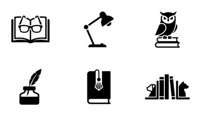 Fototapeta premium Education Icons Set: Books, Owl, Lamp, Inkwell, Bookmark, Bookends Vector Graphics
