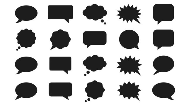 Grid of black speech and thought bubbles in various shapes, representing dialogue, ideas, and expressive communication in graphic design.