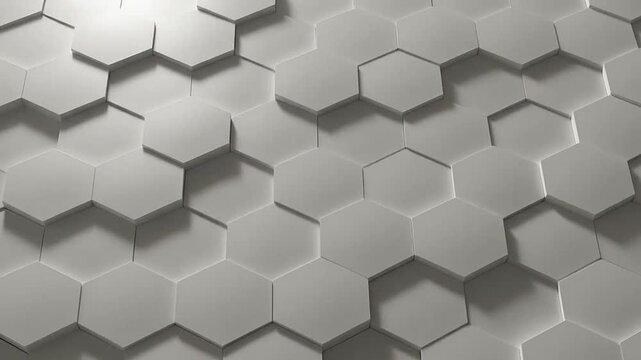 A minimalist background featuring a repeating pattern of three-dimensional white hexagonal tiles