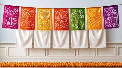 Fototapeta premium Colorful papel picado banners and marigold garland hung over white cloths for festive decoration