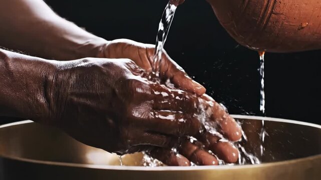 Hands Washing Water Ritual Cleansing from Clay Pitcher Cinematic Lighting Good Friday Concept