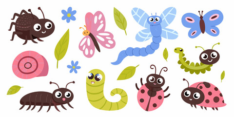 Cartoon Insects And Floral Elements A Colorful Vector Illustration © Ajay