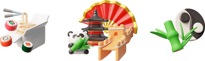 Chinese symbols compositions 3D plastic style vector set, Great Wall of China, red hand fan, Yin yang, panda with bamboo © sabelskaya