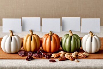 Fototapeta premium Thanksgiving table place card mockup with decorative mini pumpkins and nuts on autumn table