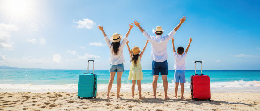 Mother and father with their children standing on the beach with suitcases.