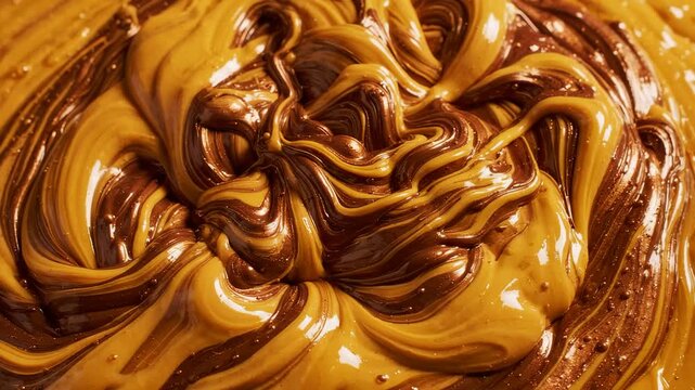 Macro closeup of swirling chocolate and peanut butter mixture, viscous food texture blending in slow motion for decadent culinary background.