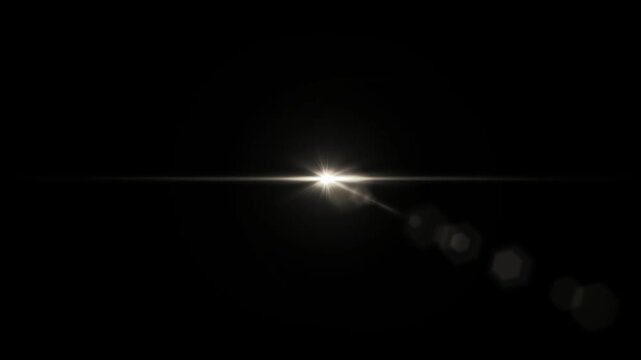 Light flare appears as a singular horizontal beam of brightness radiating across a deep black void which serves as a clean backdrop for creative text placement and professional design.