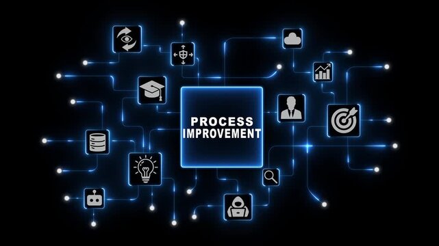 Process Improvement Strategy with Connected Enterprise Icons in Blue Neon Digital Network on Dark Technology Background Design