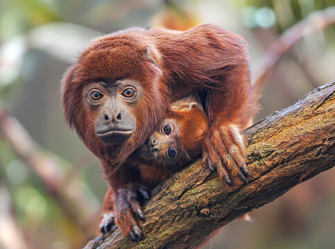 Frontal Close-up view of a Red Howling monkey (Alouatta seniculus) cares of her child