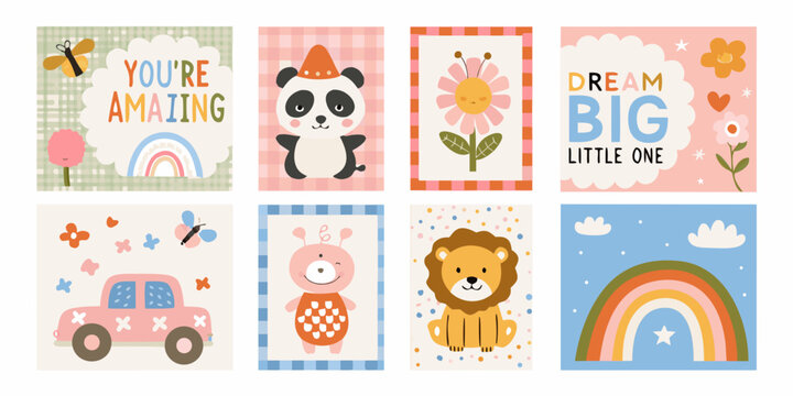 Floral animal themed Vector Illustrations With Inspirational Text On Pastel Backgrounds