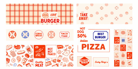 Naklejka premium Red and white gingham check pattern with food themed vector illustrations