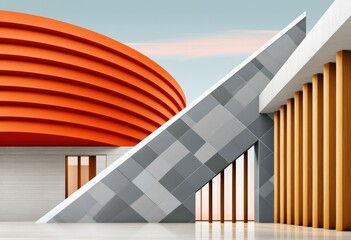 Obraz premium Vibrant high-contrast abstract view of modern architecture with curved orange roof and geometric staircase