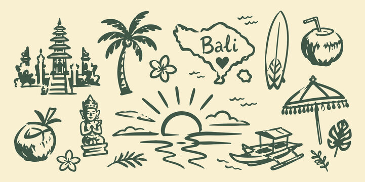 Bali Travel Symbols Doodle Set Vector Illustration