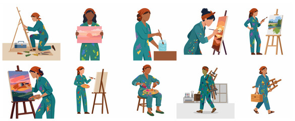 Fototapeta premium Creative woman artist characters set painting on canvas and holding art equipment in flat vector illustration