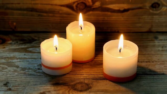 Cinematic 4K footage of three lit candles placed on rustic wooden surface casting warm glow atmospheric lighting emphasizing ambiance texture cozy interior lifestyle decorative stock 