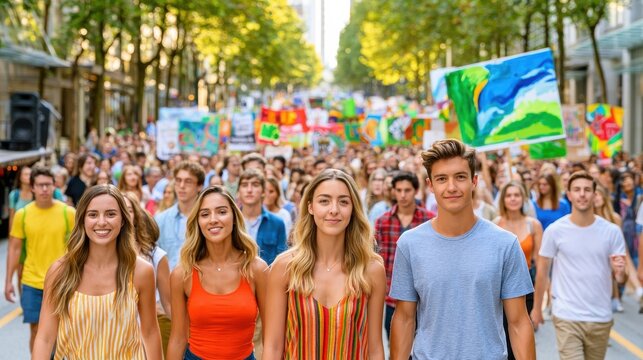 Young people leading a peaceful protest march through a city street with colorful signs and unity