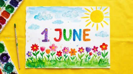 Handmade drawing for june 1st childrens day with sun, clouds, and flowers on white paper