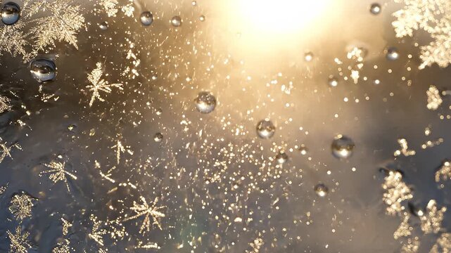 Macro view of melting ice crystals on a window pane with soft golden sunlight, capturing the delicate transformation from frozen intricate frost patterns into sparkling water droplets.