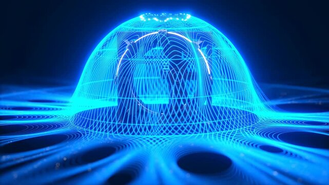 Circular energy module glowing inside metal lattice dome with cyan light waves and reflective platform in dark studio setting, evolving into bright mesh canopy, with technology, energy, generator