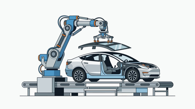Robotic arm assembling car on production line, modern auto manufacturing concept