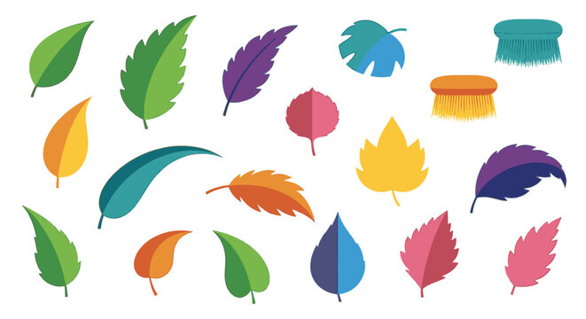Set of stylized, colorful leaf illustrations and fringed icons in vibrant tones of green, yellow, orange, and blue. Vector-style nature elements isolated on a plain white background.