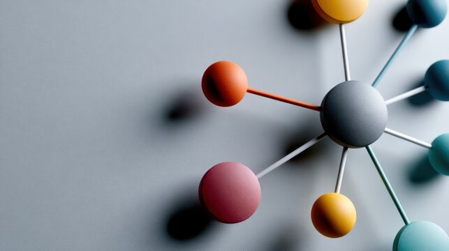 A colorful molecular model with a central grey sphere connected to smaller spheres in red, yellow, orange, and blue hues, symbolizing connection and networking
