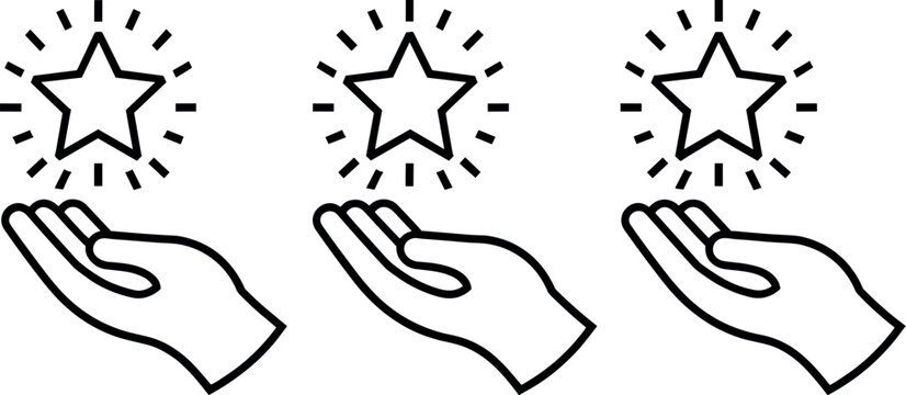 Set of three hands holding sparkling stars vector illustration isolated on white background thin black outline rating review reward icons