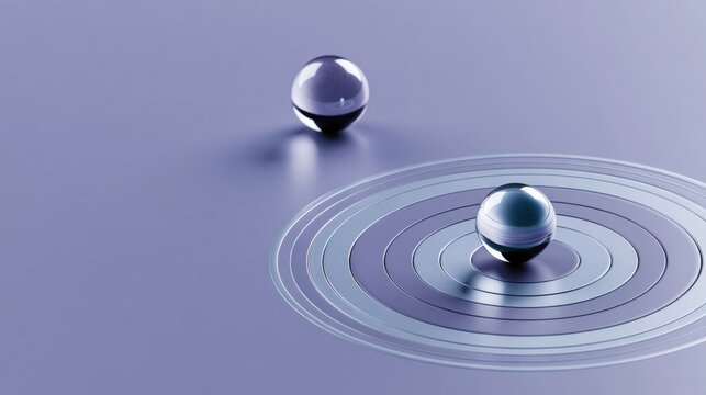 Two glass spheres on a reflective purple surface, one with ripple effect around it, suggesting impact or influence