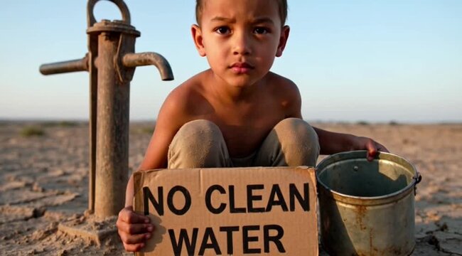 Thirsty young boy holding a cardboard sign in this dramatic video footage of global water scarcity