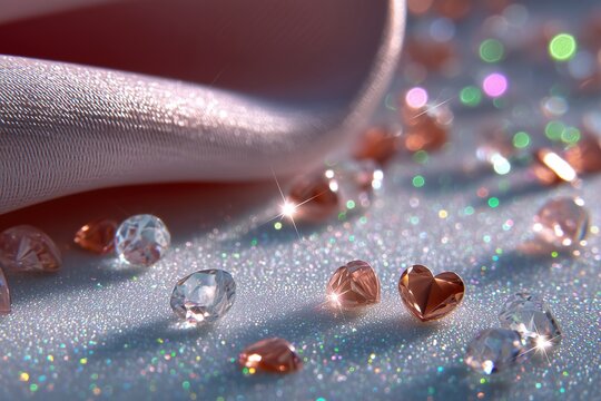 Sparkling gemstones, crystal diamonds, and a rose gold heart glimmering on a shimmering glitter surface, creating a romantic and opulent backdrop for celebrations