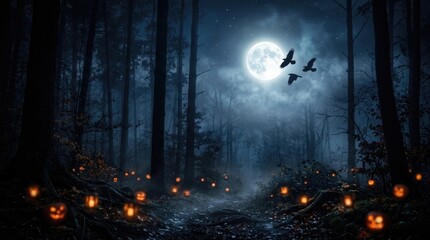 Fototapeta premium Spooky halloween night in a dark forest with glowing jack o lanterns and a full moon
