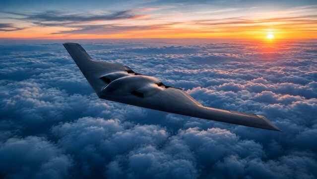 Aerial Cinematic View of B-2 Spirit Stealth Bomber Banking Above Clouds at Dawn