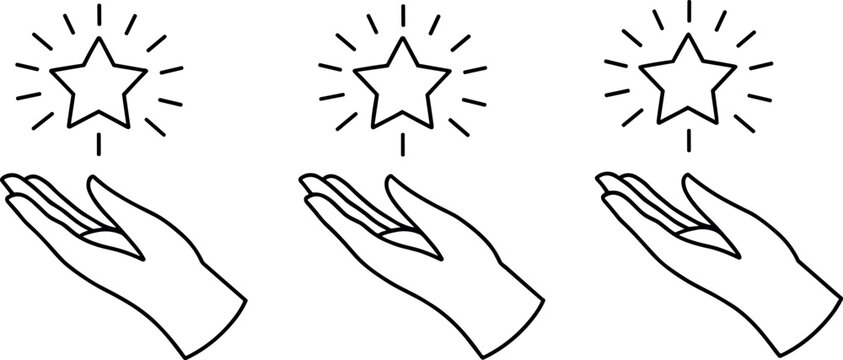 Set of three hands holding sparkling stars vector illustration isolated on white background thin black outline rating review reward icons