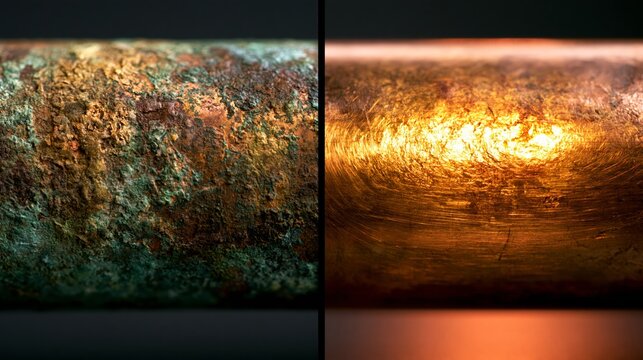 Split-view of a copper pipe with the left half green-brown tarnished and the right half bright polished copper. Concept of copper restoration.