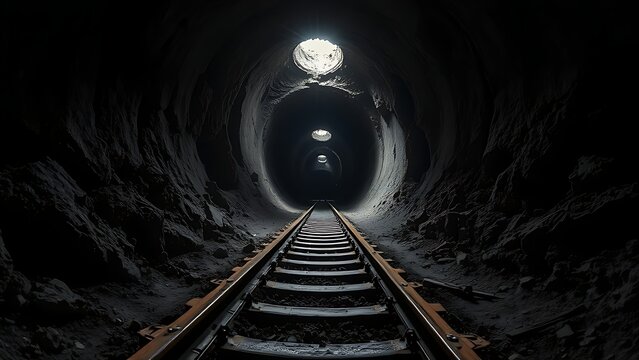 The bottom of an abandoned mine shaft with rusty tracks leading into darkness.