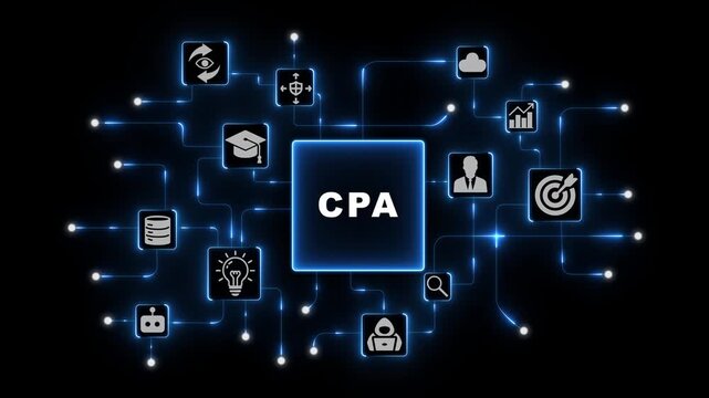 CPA Financial Services with Connected Accounting Icons in Blue Neon Digital Network on Dark Technology Background