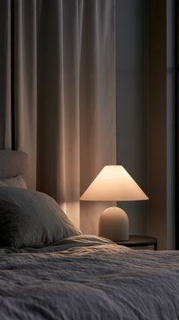 Warm lamp glows softly beside bed