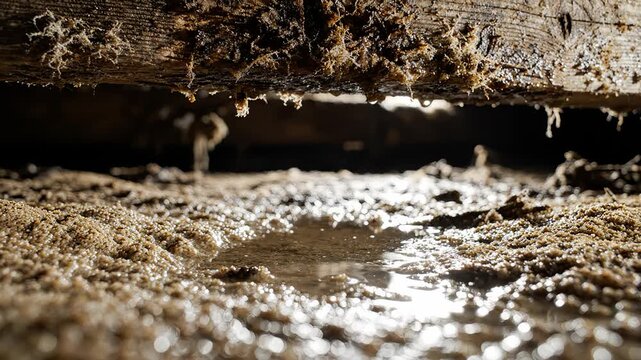 Water droplets falling from a decaying wooden beam onto a wet sandy surface, creating ripples and puddles. A dark rustic scene capturing the textures of moisture and decay in slow motion.