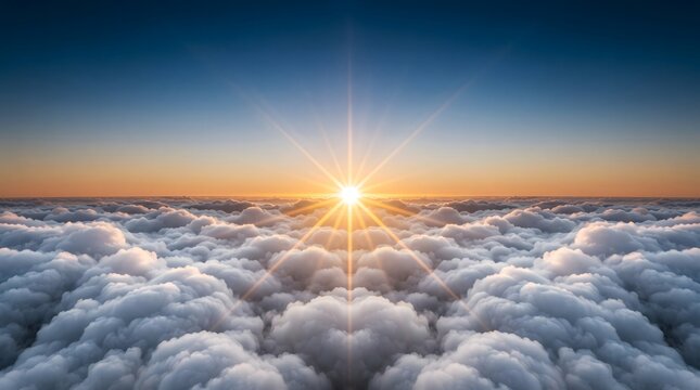 Stunning golden sunrise above thick clouds looking from high altitude