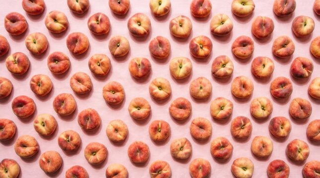 Pattern of fresh flat peaches on a pink background