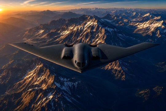 B-2 Spirit Stealth Bomber Flying Over Rugged Mountain Range at Sunset &ndash; Bird's-Eye Cinematic Aerial View