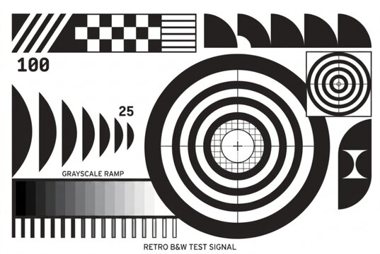 Retro TV test signal, analog grayscale ramp, black and white broadcast pattern