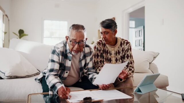 Budget, documents and tablet with old couple in home living room for finance or wealth management. App, paperwork and review with senior people in apartment for accounting, banking or tax assessment