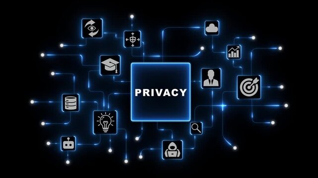 Privacy Protection Concept with Connected Security Icons in Blue Neon Digital Network on Dark Technology Background Design